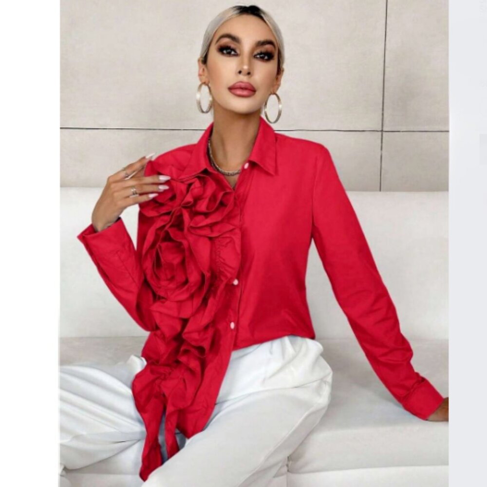 Red Floral 3d Ruffle Edge Shirt. Medium